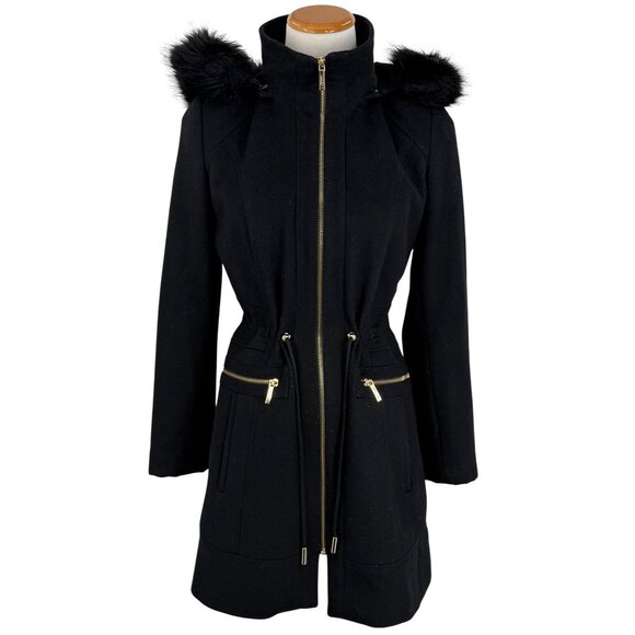 Laundry By Shelli Segal Black Wool Faux Fur Trim Hooded Coat | Cozy Quiet Luxury - Picture 14 of 16